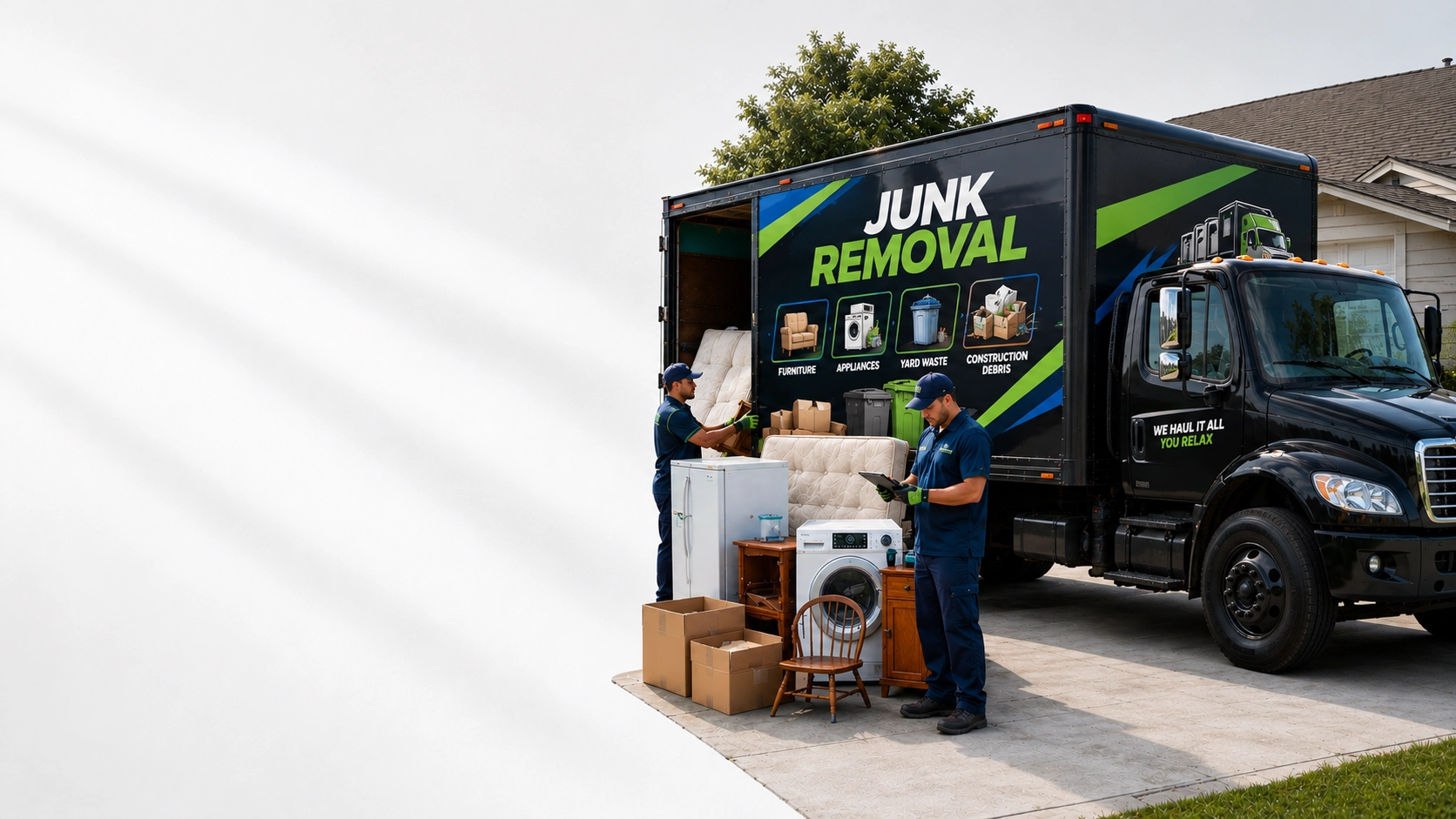 Junk removal crew loading furniture and appliances into a branded junk removal truck