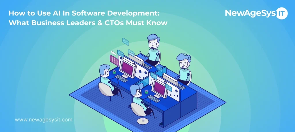 AI in software development illustration showing developers using AI tools for coding, collaboration, and automation