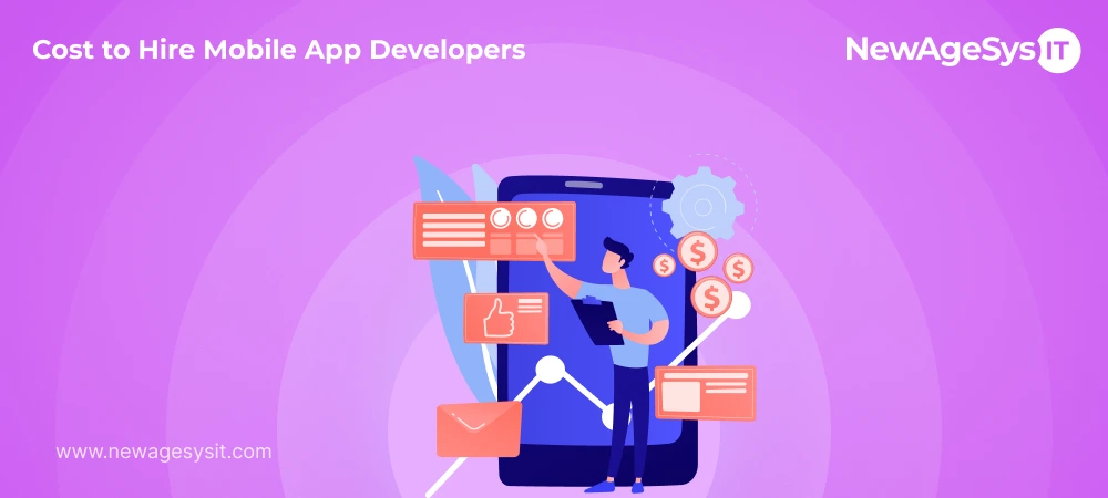 Visual representation of hiring mobile app developers with cost indicators and tech graphics