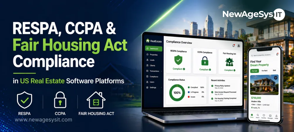 US real estate software compliance dashboard on laptop showing RESPA CCPA and Fair Housing Act compliance status at 100 percent with property search mobile app and modern villa listing in background