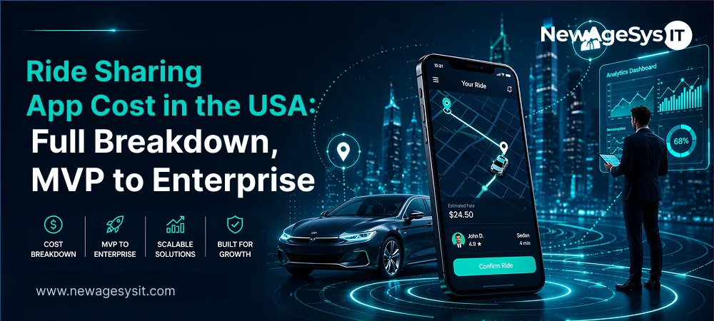 Ride sharing app cost breakdown in the USA showing MVP to enterprise development stages with ride booking interface analytics dashboard and car on futuristic city background