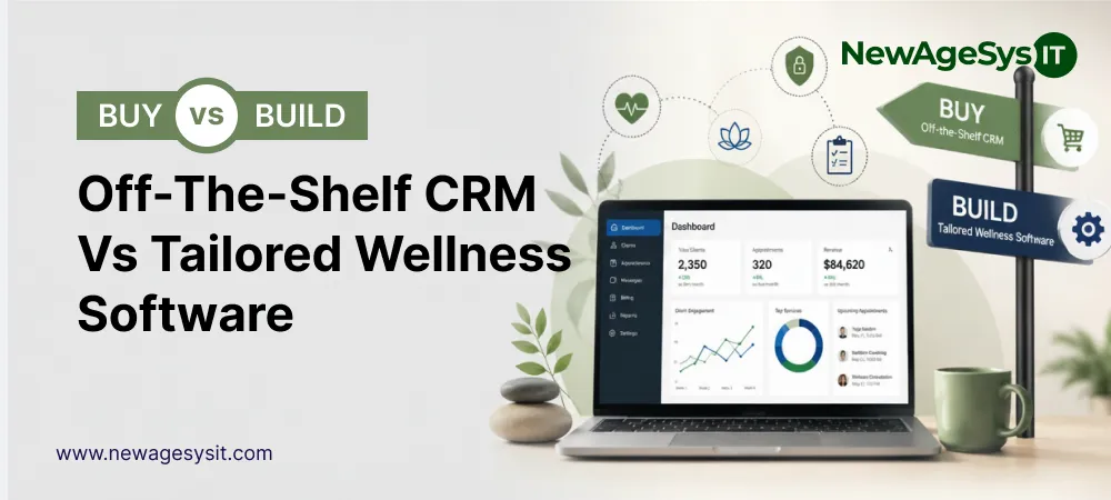 Banner for blog post "Buy vs Build in US Wellness Tech: Off-the-Shelf CRM vs Tailored Wellness Software" comparing off-the-shelf CRM versus custom wellness software development with dashboard metrics showing 2,350, 320, and $84,620. NewAgeSysIT provides wellness software build versus buy consulting.