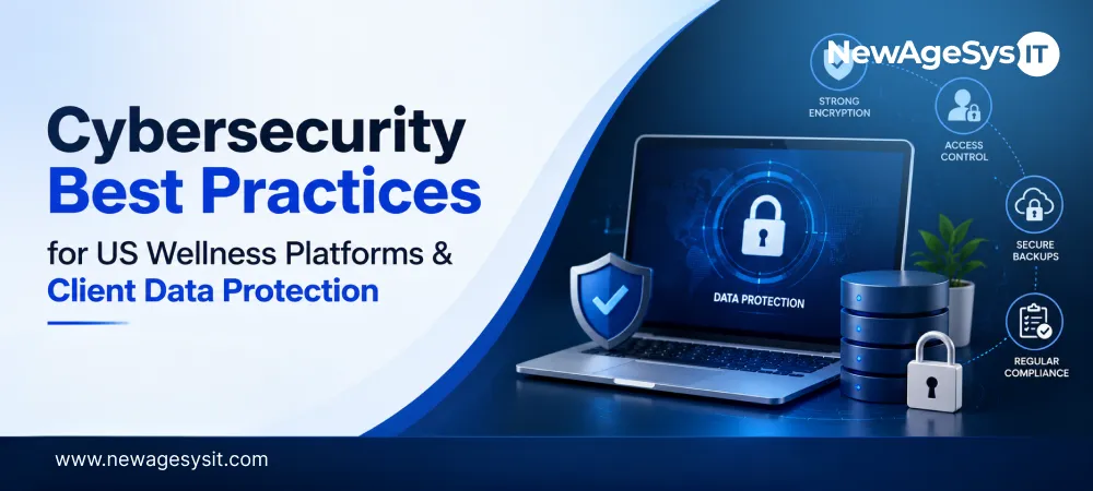 Banner for blog post "Cybersecurity Best Practices for US Wellness Platforms & Client Data Protection" featuring data protection and security concepts for wellness client information. NewAgeSysIT provides cybersecurity solutions for wellness platforms handling sensitive client data.