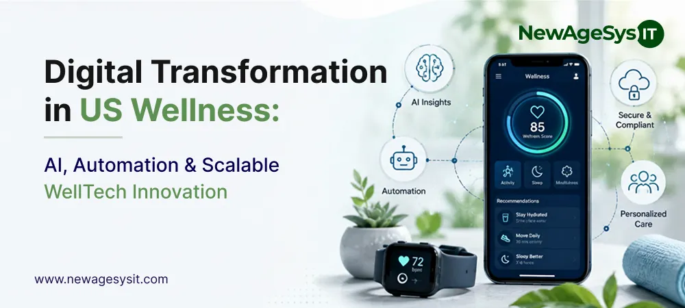 Banner for blog post "Digital Transformation in US Wellness: AI, Automation & Scalable WellTech Innovation" showing connected wellness technology concepts including AI, automation, and scalable innovation. NewAgeSysIT provides digital transformation solutions for US wellness businesses.