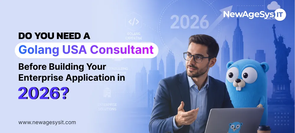 Business professional consulting with Golang gopher mascot on laptop representing Golang USA consultant services for enterprise application development in 2026
