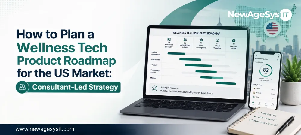 Banner for blog post "How to Plan a Wellness Tech Product Roadmap for the US Market: Consultant-Led Strategy" featuring strategic roadmap planning for wellness technology with consultant-led approach. NewAgeSysIT provides wellness tech roadmap consulting and strategic planning for US market compliance and wearable integration.