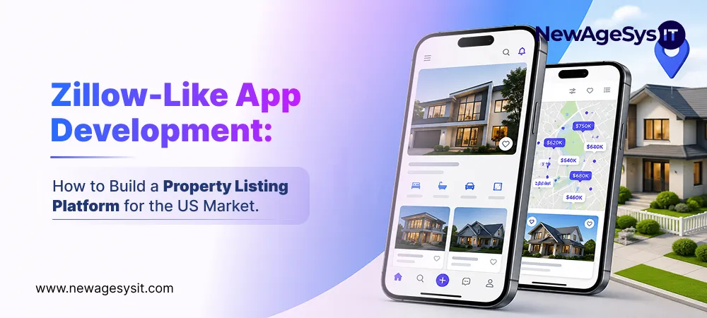 Zillow-like property listing app on two smartphones showing property search with map price markers and home listings for the US real estate market