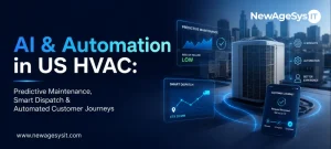 Banner for blog post "AI Automation in US HVAC: Predictive Maintenance, Smart Dispatch and Automated Customer Journeys" featuring AI-powered HVAC automation with predictive maintenance, smart dispatch optimization, and automated customer journey management. NewAgeSysIT provides AI-driven HVAC software with IoT integration, dispatch optimization, and automated customer engagement for US HVAC contractors.