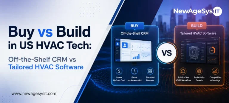 Banner for blog post "Buy vs Build in US HVAC Tech: Off-the-Shelf CRM vs Tailored HVAC Software" comparing off-the-shelf versus custom HVAC software solutions for CRM, dispatch, IoT integration, and EPA compliance. NewAgeSysIT provides custom HVAC software with AI dispatch, IoT connectivity, EPA Section 608 compliance, and branded customer portals.