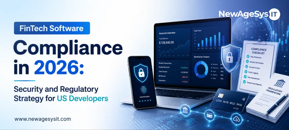 Banner for blog post "FinTech Software Compliance in 2026: Security and Regulatory Strategy for US Developers" featuring FinTech compliance and security strategy for US financial software development. NewAgeSysIT provides FinTech compliance consulting with PCI-DSS architecture, SOC 2 certification, GDPR compliance, open banking regulations, and cybersecurity strategy for US FinTech platforms.